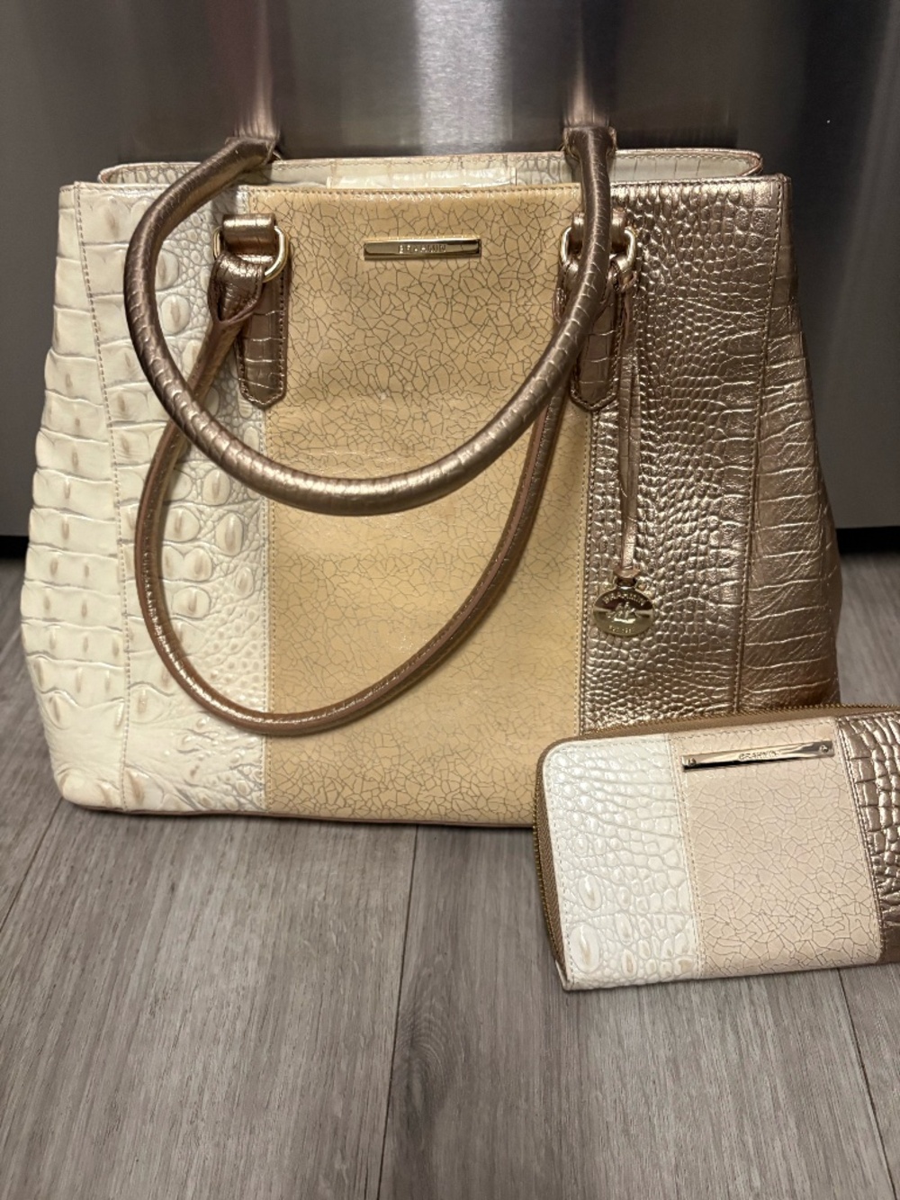 Brahmin White, Ivory & RoseGold Leather Handbag with matching wallet